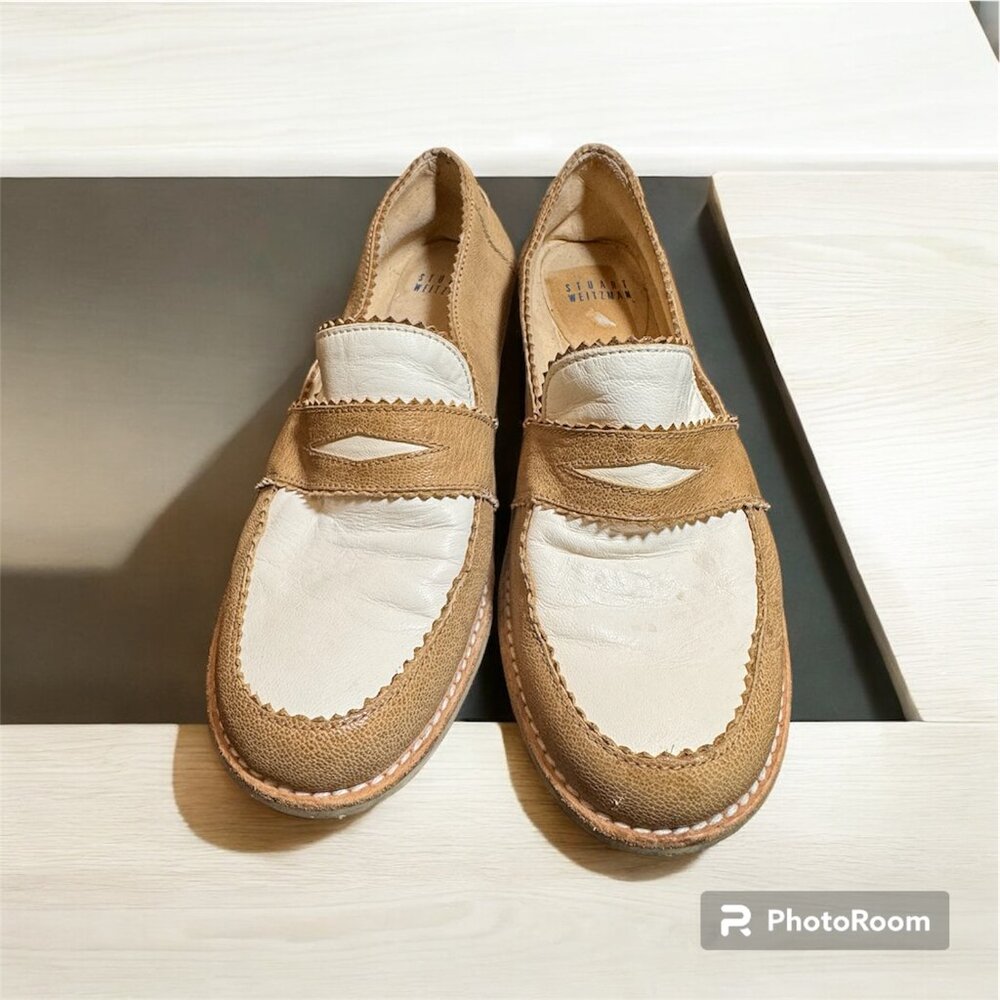Stuart Weitzman size 5.5 loafers tan/ white leather